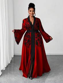 Maweii 大码优雅印花撞色腰部喇叭袖连衣裙，秋季款 - 紅色 - 查看 1