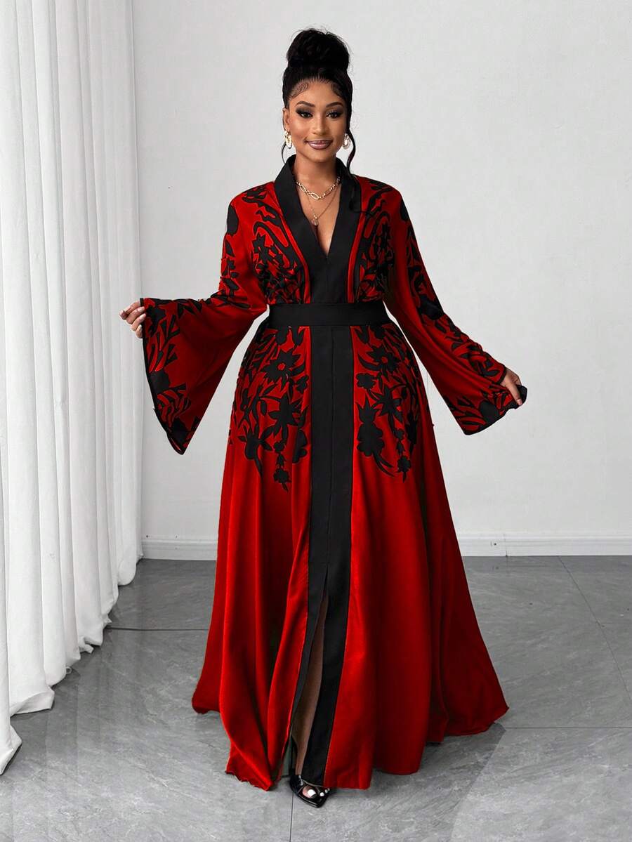 Maweii 大码优雅印花撞色腰部喇叭袖连衣裙，秋季款 - 紅色 - 查看 1