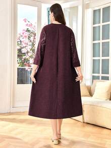 Lacomfia 女士优雅提花蕾丝拼接宽松休闲中长连衣裙 - 酒紅色 - 查看 2