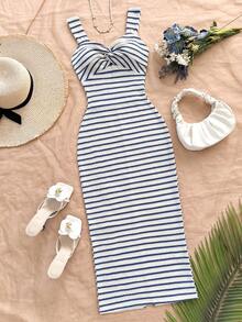 Soleia 女士夏季度假沙滩条纹扭结连衣裙 - 藍白色 - 查看 4