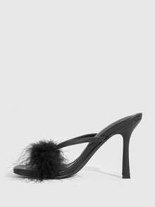 CUCCOO SZL Dép lê cao gót mũi vuông dành cho nữ, có họa tiết lông mềm mại, thời trang, thanh lịch và đa năng. - màu đen - Xem 8