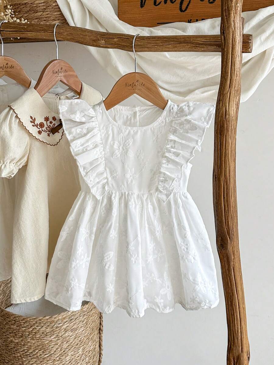 SHEIN Vintaside Kids 女婴梦幻网纱无袖连衣裙,杏色,简约风格,适合节日、优雅外出和温馨居家时光,春夏款 - 白色 - 查看 1