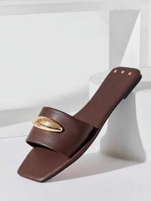 SHUZIA Women's Minimalist Elegant Metal Ornament Slip-On Flat Sandals - Chocolate Brown - View 3