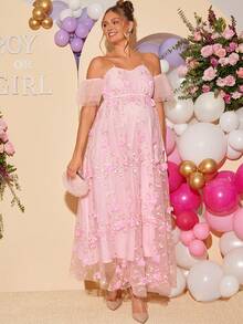 Loomaby Đầm dài trễ vai thời trang bà bầu cho tiệc mừng em bé sắp chào đời. - Hồng - Xem 6