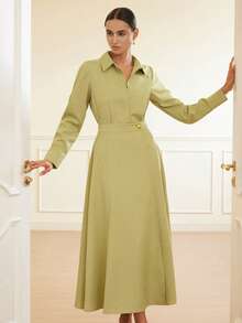 Aveloria Rosie Women's Fashion French Style Long Sleeve Shirt With Waist Cinching A-Line Skirt Set - Champagne - View 5