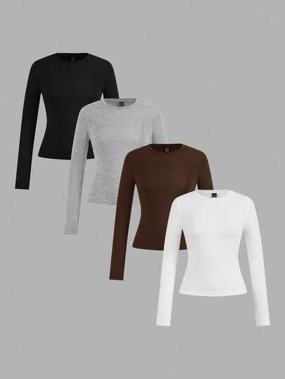 SHEIN EZwear 4pcs Women Crew Neck Casual Fitted Long Sleeve T-Shirt Set, Spring/Autumn/Winter Basics Tops Women Women Long Sleeve Tops Multi Pack Tops Carnival