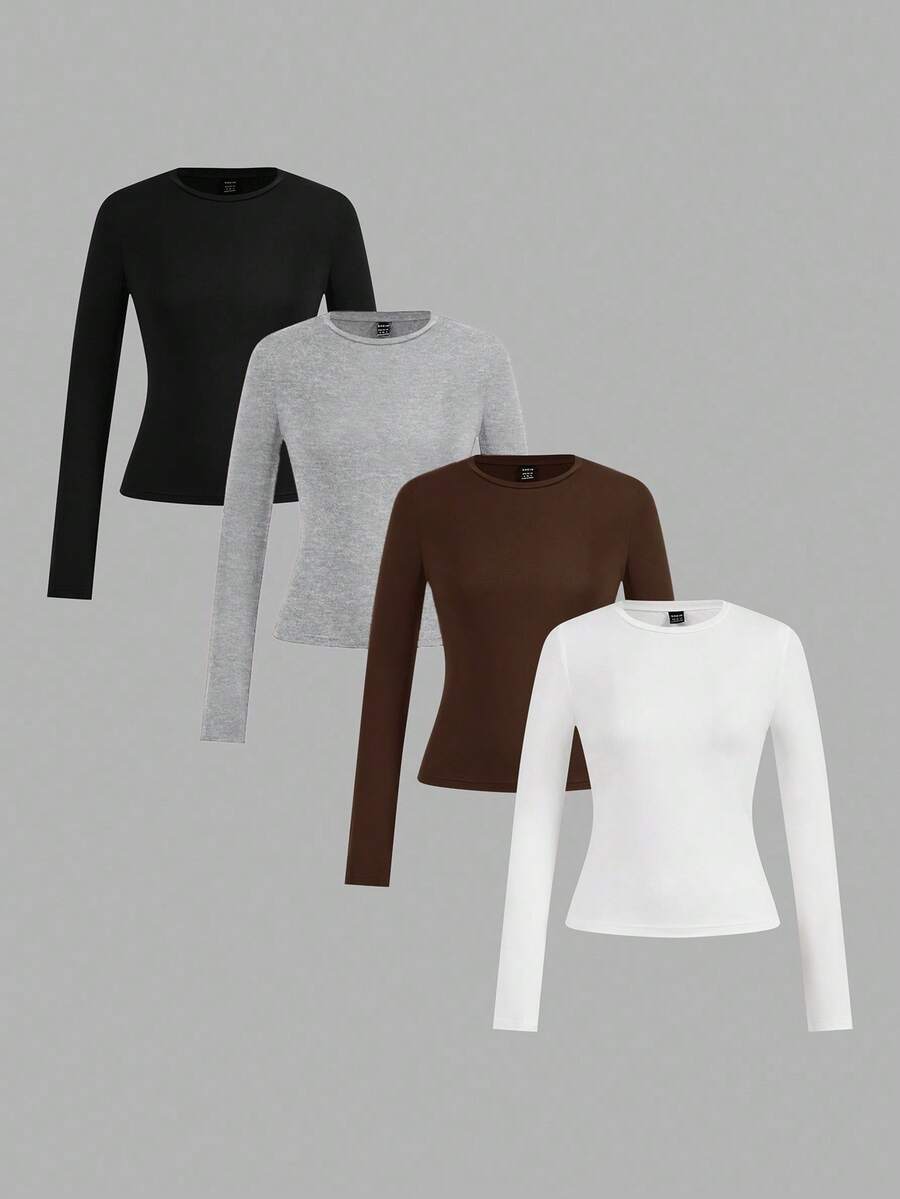 SHEIN EZwear 4pcs Women Crew Neck Casual Fitted Long Sleeve T-Shirt Set, Spring/Autumn/Winter Basics Tops Women Women Long Sleeve Tops Multi Pack Tops Carnival - Multicolor - View 1