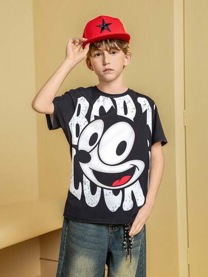 Felix The Cat X SHEIN 1 pièce T-shirt à col rond à manches courtes, coupe ample, avec imprimé chat amusant, style décontracté pour garçon préadolescent