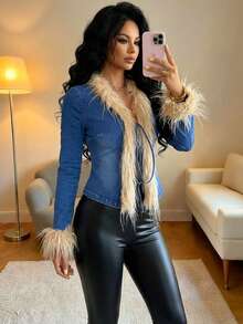 Elenzga Women's Furry Patchwork Tie Front Fashionable Versatile Vacation Travel Long Sleeve Denim Jacket - Blue - View 3