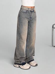 EURMUSE Women's Casual High-Waisted Wide-Leg Jeans With Stylish Hem Design - Medium Wash - View 3