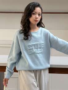 DAZY Tween Girl Solid Color Drop Shoulder Long Sleeve Loose Casual Minimalist Knit Pullover Sweater Spring - Baby Blue - View 5
