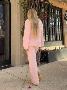 Cioccolato Women's Casual Solid Color Knitted Sweater And Pants 2 Pieces Set, Autumn/Winter - Baby Pink - View 2
