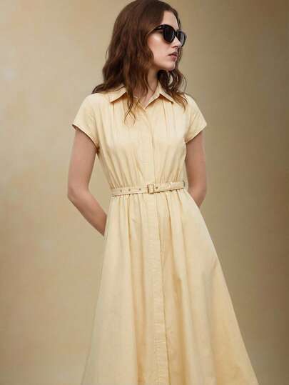 BizChic Khaki Front Open Single-Breasted Collar Ruched Waist Elastic Drawstring Waist Belt Adjustable Women's Dress, Modern Elegant Urban Commuter Everyday Romantic 90s Retro Christmas New Year Outfit, Suitable For Valentine's Day Party, Beach, Graduation, Fashion Carnival, Holiday, All-Match Romantic, Suitable For Wedding Guest, Host, Date, Party, Concert, Brunch, Airport, Multi-Occasion