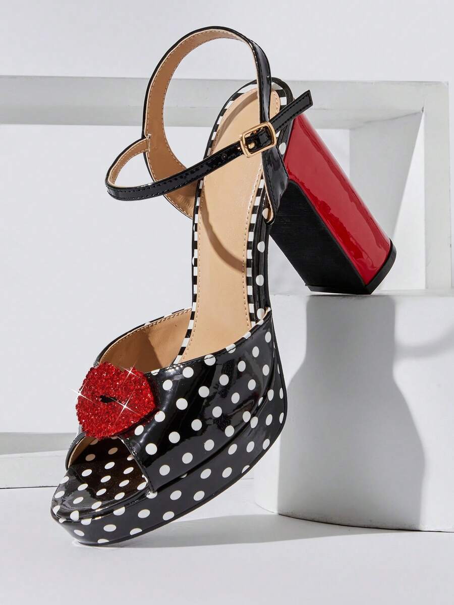 SHUZIA 女士踝带波点印花粗跟凉鞋 - 黑色 - 查看 1
