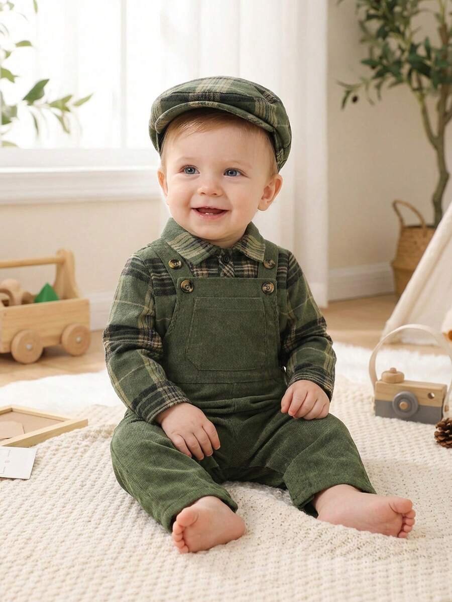 SHEIN 秋冬季格子灯芯绒背带连体衣婴儿套装 - 軍綠色 - 查看 1