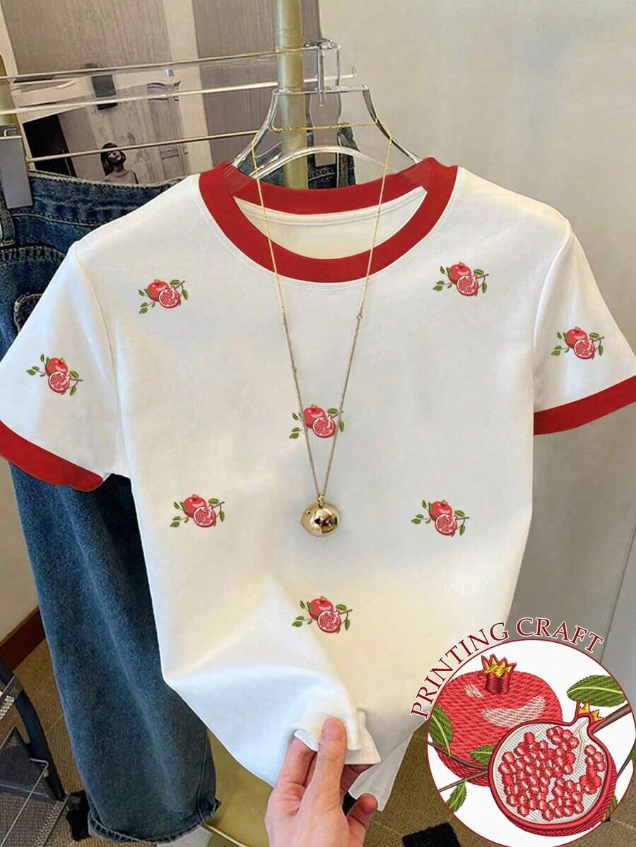 Resyla Women's Pomegranate Print Short Sleeve Casual Versatile Round Neck T-Shirt - White - View 1