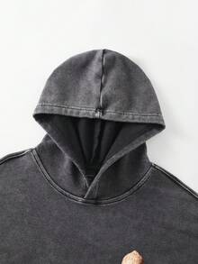 ROMWE MEN Street Life Spring Casual Graphic Men'S Vintage Washed Hoodie, Streetwear Style - Black - View 3