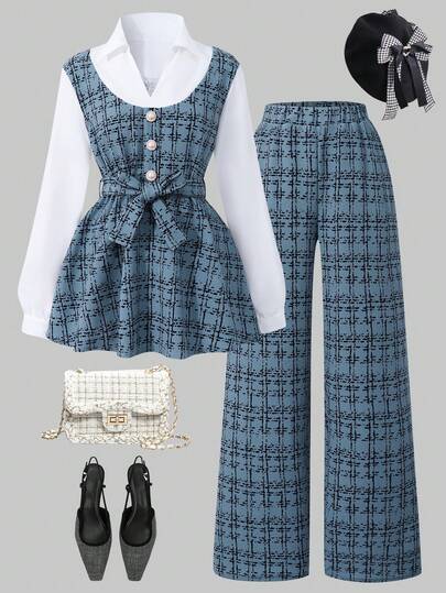 SHEIN Teen Girl Collared Twist Waist Long Sleeve T-Shirt And Elastic Waist Wide Leg Pants Fashion Vacation Back To School Set