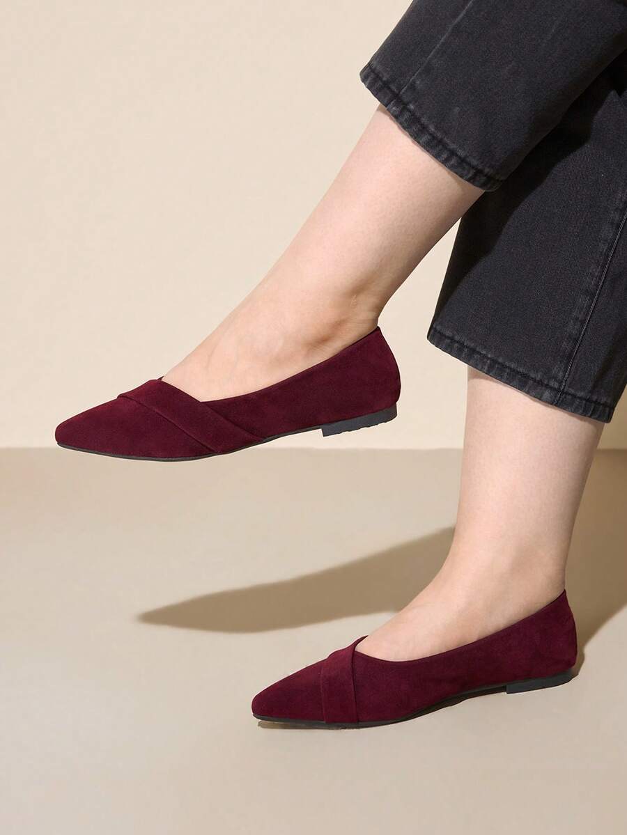 CUCCOO CURVES 女士尖头宽楦平底乐福鞋，纯色，四季皆宜，日常及工作穿着，春季鞋款，春假复活节鞋。 - 酒紅色 - 查看 1