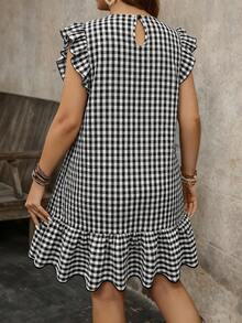 SHEIN Clasi Plus Size Women Floral Print Ruffle Sleeve Loose Casual Summer Vacation Dress Picnic Dress For Woman Checkered Dress Plaid Dress Women Gingham Dress Short Sleeve Summer Dress - Black and White - View 2