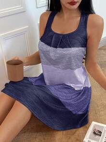 SHEIN 彩色条纹印花休闲U领无袖宽松睡裙 - 藍色 - 查看 4