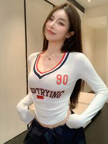 DAZY 女士条纹撞色拼接字母印花V领长袖T恤 - 黑色 - 查看 8