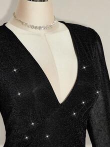 SHEIN ICON 大码性感纯色深V领喇叭袖荷叶边下摆迷你连衣裙酒红色女装 - 黑色 - 查看 6