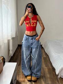 SHEIN EZwear 大码女式复古水洗牛仔裤，秋冬款 - 淺色水洗藍 - 查看 5