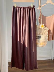 SHEIN EZwear Celana Panjang Wanita Kasual Warna Polos dengan Tali Serut dan Potongan Lebar - Coklat - View 2