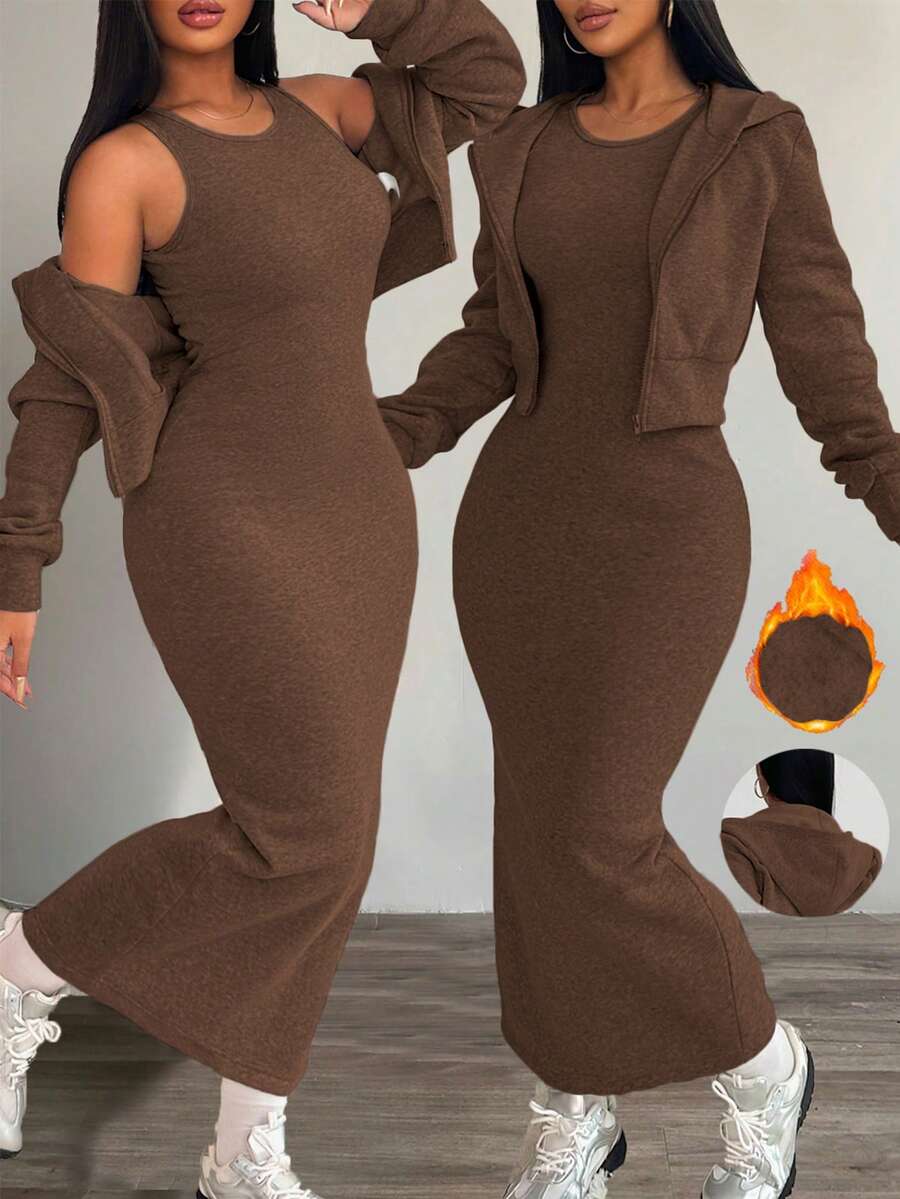 Chiquease 两件套女士休闲连帽拉链外套，收腰设计，弹性针织露背连衣裙，保暖内衬，适合秋冬季节穿着。 - 棕色 - 查看 1