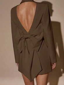 SHEIN BAE 秋冬季女士纯色杏色性感深V露背长袖西装裙，迷你鸡尾酒会礼服，正式场合礼服，伴娘礼服，生日迷你裙，杏色西装裙，休闲连衣裙，早午餐连衣裙，适合圣诞节、万圣节、亡灵节等场合 - 咖啡棕 - 查看 6