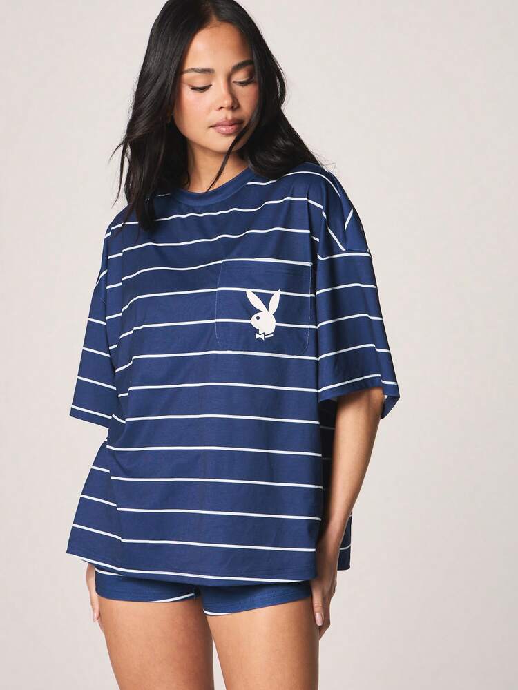 Missguided x Playboy Set casual da due pezzi con maglietta oversize a maniche corte a righe e pantaloncini, con logo a coniglio