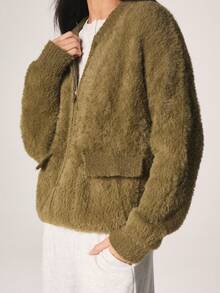 MISSGUIDED 实用拉链泰迪熊图案开衫毛衣，带口袋，长袖，宽松版型，秋冬舒适外套 - 綠色 - 查看 4