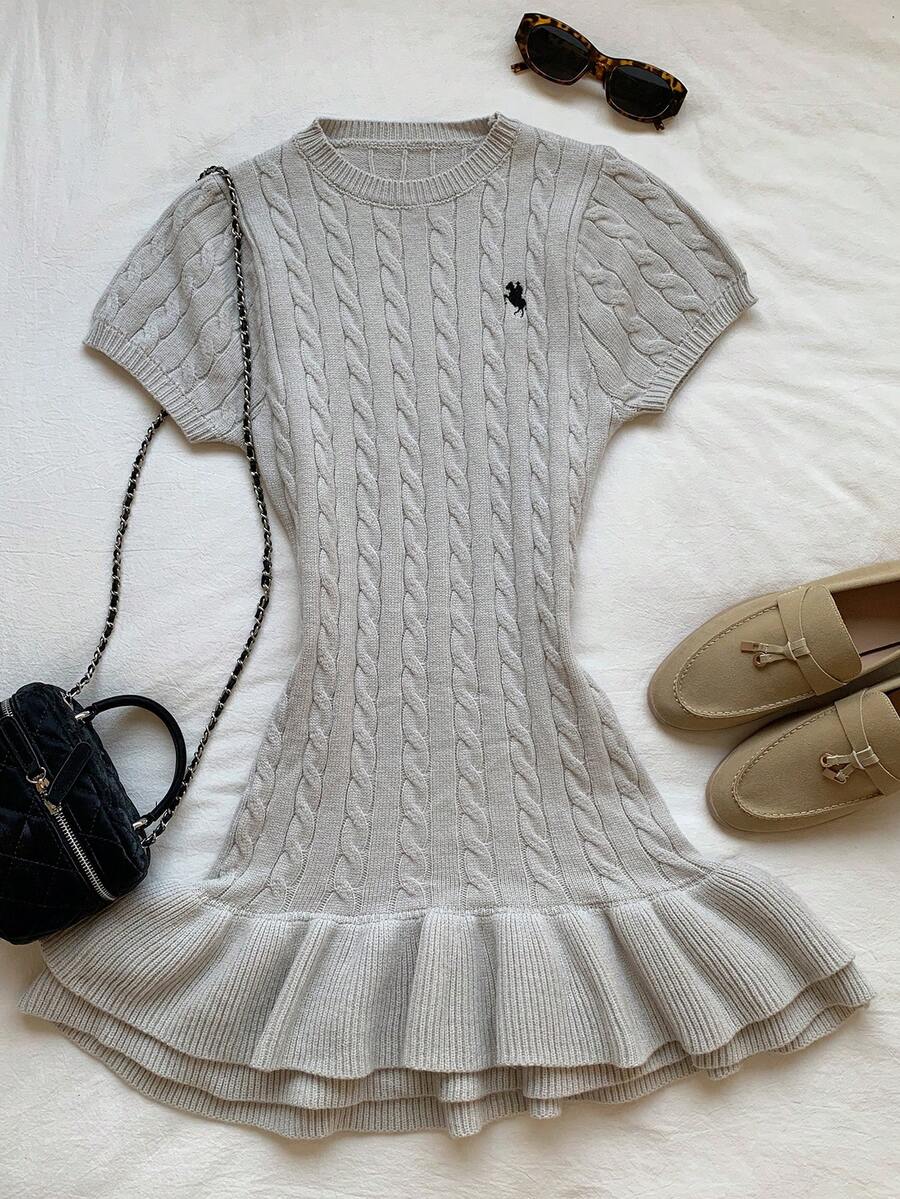 SHEIN EZwear 女士骑士图案圆领短袖荷叶边下摆针织连衣裙 - 灰色 - 查看 1