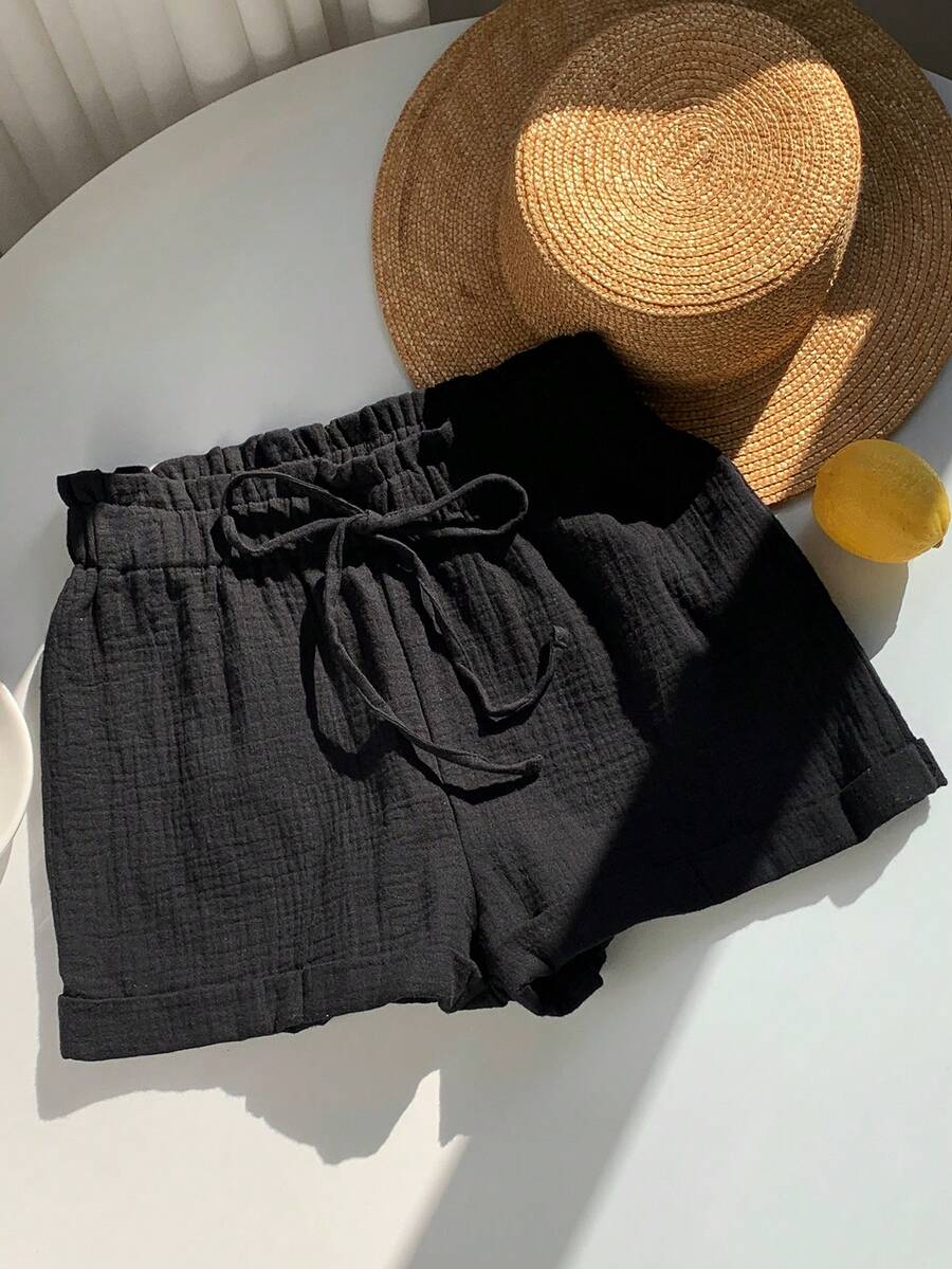 SHEIN EZwear Quần short nữ màu trơn, thiết kế đơn giản có bèo nhún. - màu đen - Xem 1