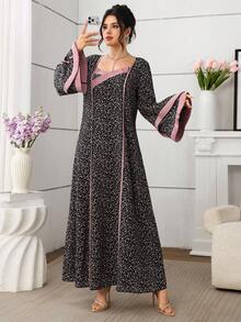 Yasmyna Women's Elegant Arabic Style Woven Floral Print Long Sleeve Dress With Pink Lace Trim, Spring/Summer - Black - View 5