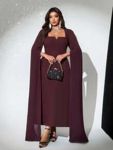 Viva Relle Women Summer Elegant Burgundy Square Neck Maxi Dress,Plus Size Flowing Sleeves Autumn Wedding,New Year's & Valentine's Day Maxi Fall - Brown - View 1
