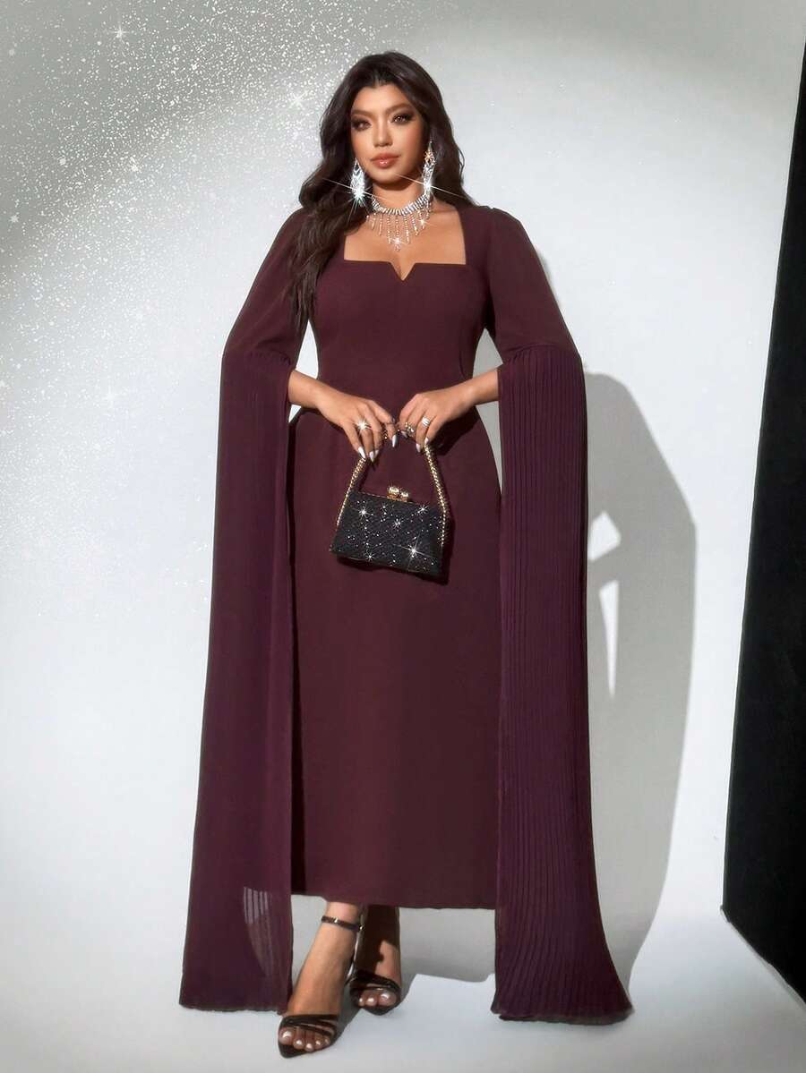 Viva Relle Women Summer Elegant Burgundy Square Neck Maxi Dress,Plus Size Flowing Sleeves Autumn Wedding,New Year's & Valentine's Day Maxi Fall - Brown - View 1