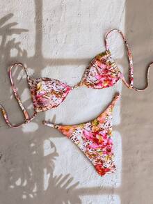 Swim Vcay Bộ bikini nữ phong cách nghỉ dưỡng, chụp ảnh bãi biển, họa tiết hoa hồng và da báo phối màu xuân/hè 2026, kiểu dáng tam giác, khóa ngọc trai và dây buộc điều chỉnh được. - Nhiều màu - Xem 2