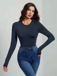 SHEIN Tall 纯色长袖修身黑色T恤连体裤 - 藏蓝色 - 查看 4