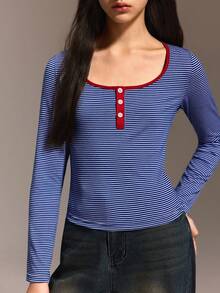 Áo khoác cardigan cổ tròn kẻ sọc tay dài dành cho nữ tuổi teen, phong cách thường ngày, đa năng, thích hợp cho mùa thu/đông. - Nhiều màu - Xem 3