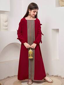 SHEIN Đầm maxi dài tay dáng chữ A rộng rãi, màu trơn, phối sọc, cổ vuông, trang trí nơ, dành cho bé gái tuổi teen, thích hợp cho du lịch, nghỉ dưỡng, phong cách đồng quê, nghỉ mát thường ngày, phong cách bohemian, hoặc phối đồ đôi cho chị em gái. - Đỏ - Xem 10