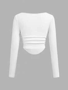 SHEIN Tween Girl Casual Street Style Ruched U-Neck Long Sleeve Ribbed Knit Fitted T-Shirt And Pleated Wide Leg Sweatpants Set, Suitable For Home, Outings, And School - White - View 5