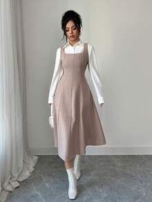 SHEIN Elenzya 2pcs/Set Women Square Neck Sleeveless Dress With Waist Cinching Shirt - Coffee Brown - View 5