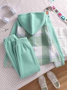 2pcs/Set Casual Plaid Patchwork Sweatshirt For Tween GirlsComfortable & Thick For Outdoor Activities - Green - View 2