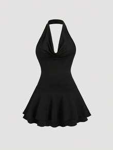 SHEIN Sweetro Women's Draped Neck Layered Ruffle Hem Mini Dress - Black - View 1