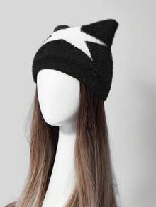 Y2Kool Fashionable Autumn/Winter New Five-Pointed Star Adults Beanie Hat, Stylish Sweet And Spicy Cat Ear Warm Hat, Star Casual Cute Elegant Street Style Jacquard Knit Hat - Multicolor - View 11