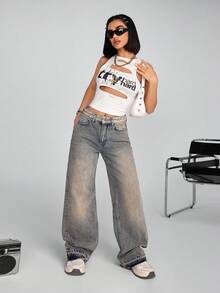 EURMUSE Women's Casual High-Waisted Wide-Leg Jeans With Stylish Hem Design - Medium Wash - View 7