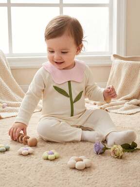 Souflis Vintage French Style Baby Girls' Fashionable Textured Floral Design Comfortable Fabric Casual Cute Long Sleeve Romper