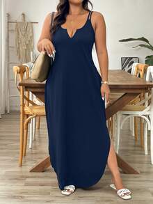 SHEIN Tall 优雅通勤及晚间休闲无袖V领宽松长连衣裙，面料舒适，百搭，黑色，大码及高个款 - 藏蓝色 - 查看 5